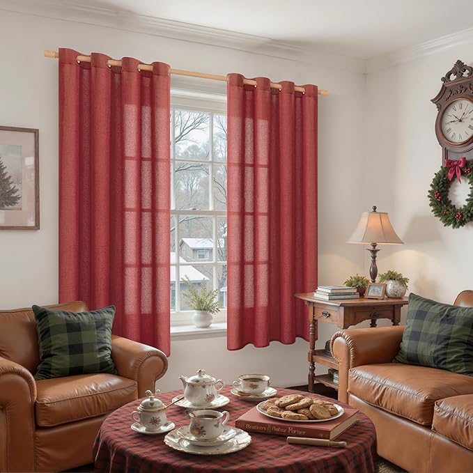 YoungsTex Burgundy Red Linen Curtains 68 Inch Length for Living Room, Light Filtering Window Drapes with Bronze Grommet Privacy Deorative for Bedroom, 52 x 68 Inch, 2 Panels