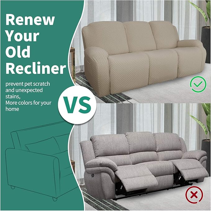 YEMYHOM 8 Pieces Stretch Recliner Sofa Cover Latest Jacquard Reclining Couch Cover with Side Pocket Anti-Slip Fitted 3 Cushion Furniture Slipcovers with Elastic Bottom (Sofa Recliner, Khaki)