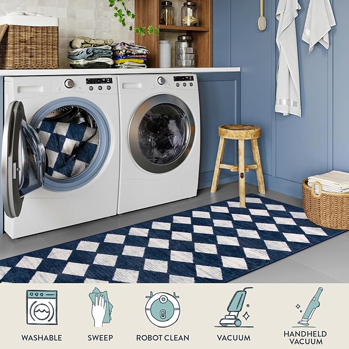 Lahome Zelie Checkered 2x8 Hallway Runner Rug,Soft Kitchen Runner Rugs Non Skid Washable,Blue Bathroom Carpet Runners,Moroccan Trellis Low Pile Rug Runners for Entryway Laundry Room Foyer(2'x8',Blue)