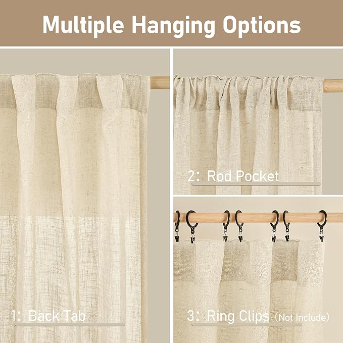 LAMIT Beige Linen Cafe Curtains 24 Inch Length, Semi Sheer Light Filtering Window Panels Back Tab and Rod Pocket Drapes for Kitchen/Small Windows, 25 x 24 Inch, 2 Panels