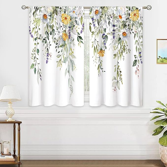 Green Daisy Sunflower Eucalyptus Botanical Leaves Floral Window Curtains Flower Plant Wildflower Farmhouse Curtain Drapes Herb Curtains for Bedroom Living Room Treatment 42Wx45H Inch