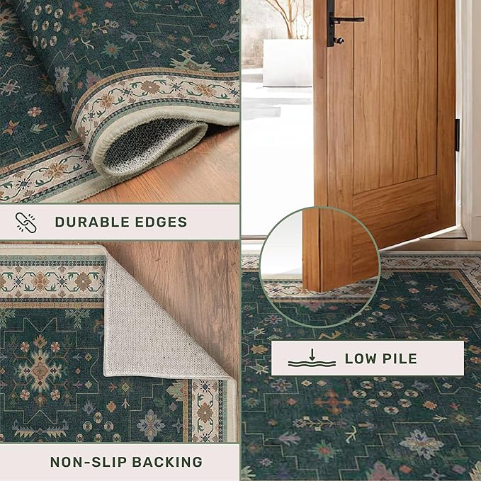 Hazo Haus Vintage Dark Green 7x9 Dining Room Rugs for Under Kitchen Table - Washable Livinig Room Rug - Unique Floral Pastel Low Pile Non-Slip Area Rugs for Bedroom