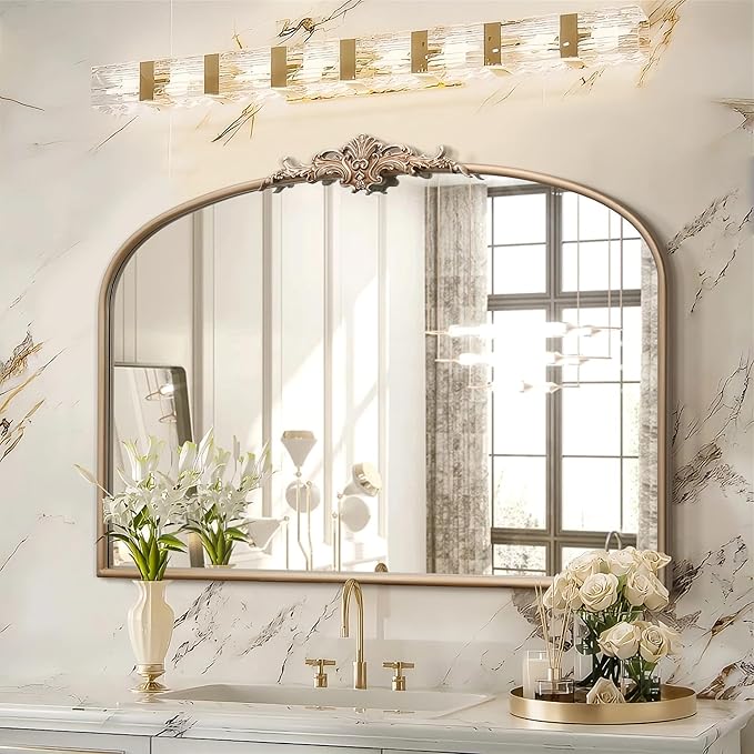 Besdomus Arched Vintage Gold Mirror: 40"x29" French Large Champagne Gold Antique Wall Mounted Mirror - Baroque Traditional Ornate for Fireplace/Bathroom/Living Room - Home Decor for Fashion-Conscious