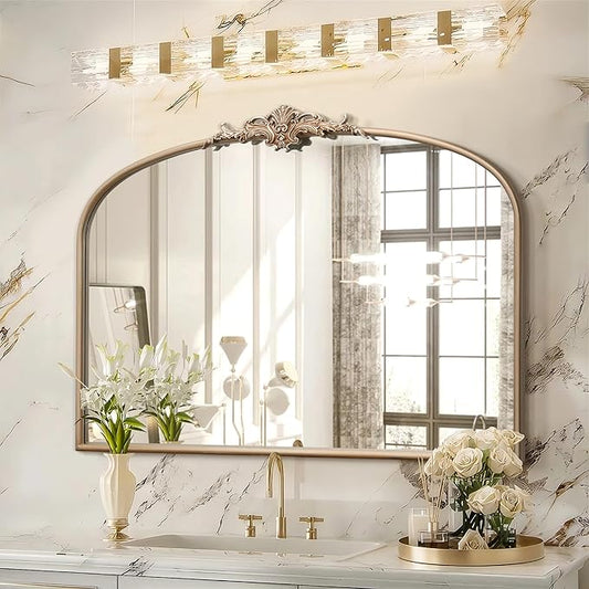 Besdomus Arched Vintage Gold Mirror: 40"x29" French Large Champagne Gold Antique Wall Mounted Mirror - Baroque Traditional Ornate for Fireplace/Bathroom/Living Room - Home Decor for Fashion-Conscious