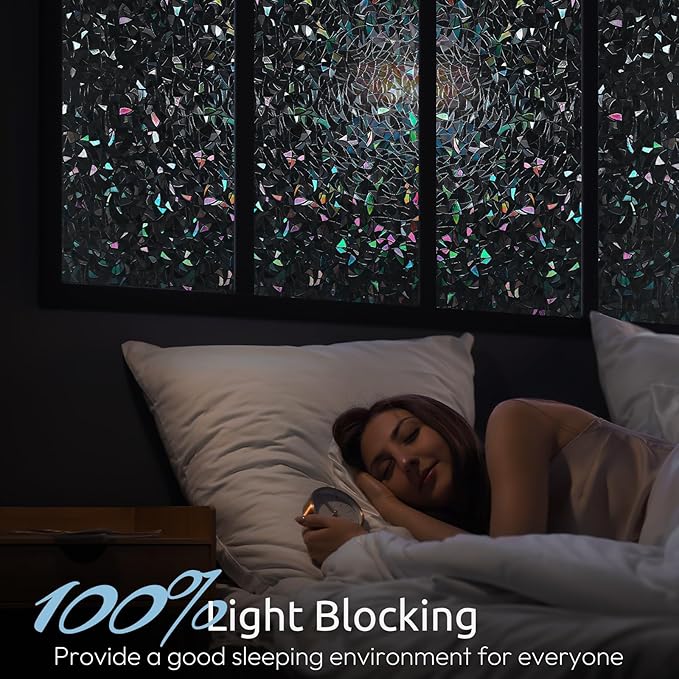 rabbitgoo Window Privacy Film Rainbow Film Decorative Window Sticker, 3D Static Stained Glass Cling Tint for Room Darkening Day Sleep, Black, 17.5 x 157.4 inches