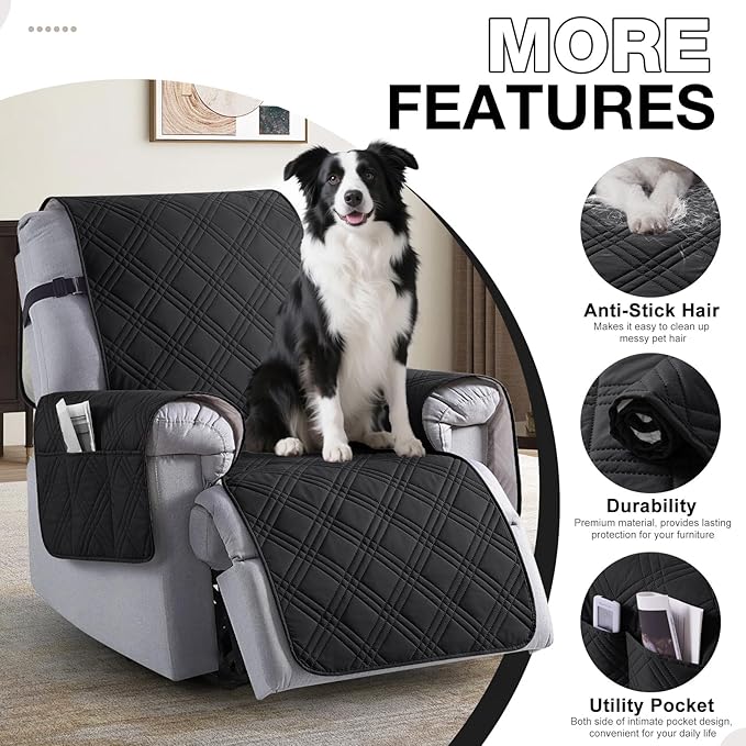 TAOCOCO 100% Waterproof Recliner Chair Cover, Non Slip Recliner Covers for Recliner Chair with Pocket, Washable Reclining Chair Cover Furniture Protector for Kids, Pets(23.6'', Black)