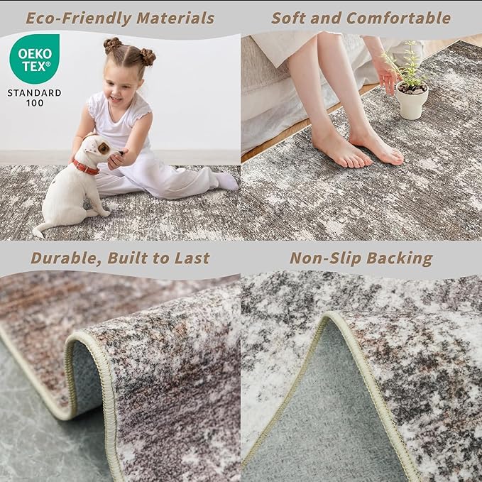9x12 Washable Living Room Rug - Modern Abstract Neutral Soft Large Area Rugs for Bedroom Dining Room Home Office, Non-Slip Low Pile Thin Stain-Resistant Indoor Carpet (Brown Beige,9x12)