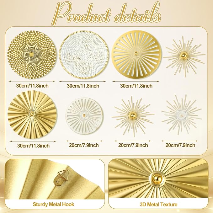 Lingvee 8 Pcs Gold Wall Decor Modern Metal Decor Metal Starbursts Radial Plate Art Hanging Decorative Wall Decorations for Home Bedroom Bathroom Living Room Office Sculpture (Gold, White)