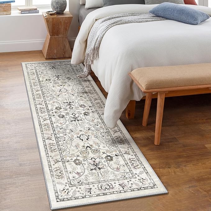 LOKHOM Washable Runner Rug, 2x6 Non-Slip Vintage Kitchen Rug with Rubber Backing, Boho Floral Soft Faux Wool Hallway Runner Rug Carpet Runner for Laundry Entryway Bedroom (Cream White)