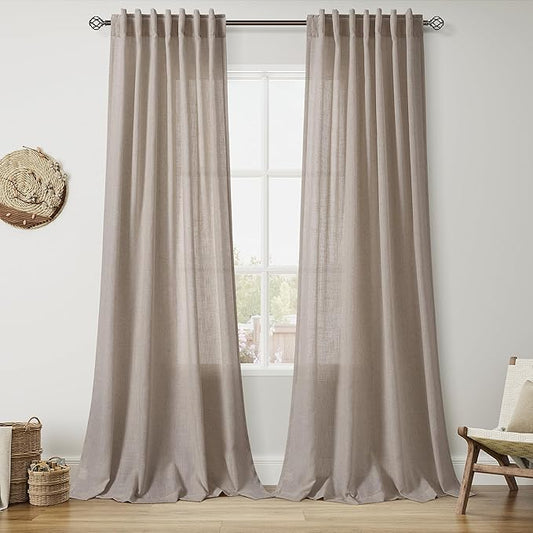 Ecru Linen Curtains for Living Room 100 Inches Long Light Filtering Semi Sheer Curtain Back Tab Rustic Farmhouse Decor Burlap Elegant Soft Luxury Boho Drapes for Bedroom Dinner Room 52x100, 2 Panels