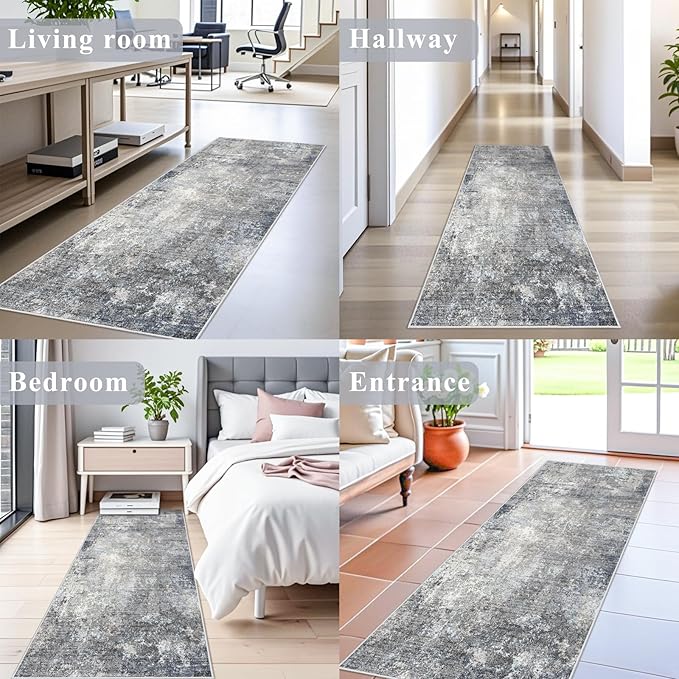 2x8 Washable Non-Slip Hallway Runner Rug – Modern Coastal Abstract Neutral Stain-Resistant Low-Pile Carpet Runner for Kitchen Entryway Bedroom Bathroom (Blue Gray,2x8)