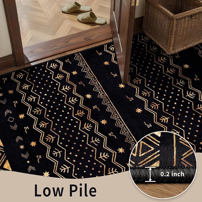 SERISSA 2x5 Kitchen Runner Rug, Washable Non-Slip Black and Gold Boho Rug, Soft Low-Pile Geometric Indoor Carpet for Hallway Laundry Room Bathroom Bedroom Entryway