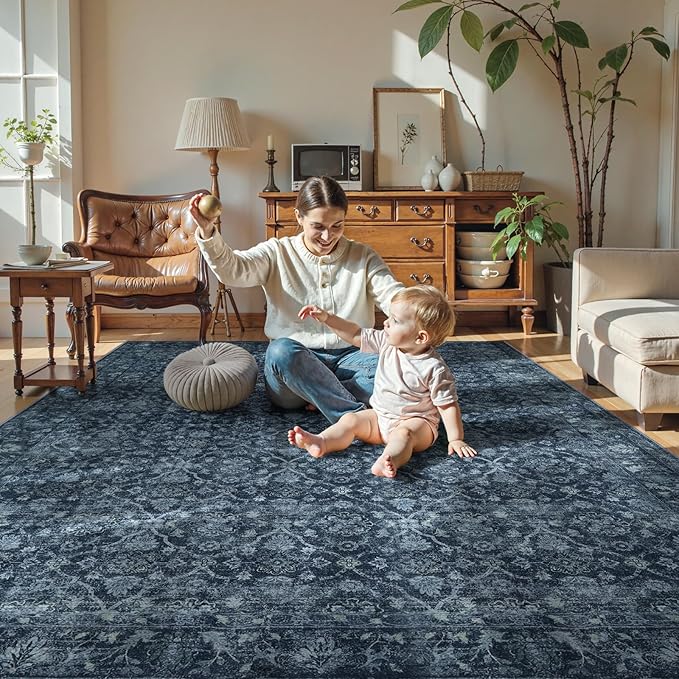 Hedlive Vintage Blue Rugs for Living Room, Ultra-Thin Washable Rugs 8x10 Area Rugs for Bedroom Non Slip, Stain Resistant Vintage Carpet Rug for Dining Room High Traffic Area (8'x10', Blue)