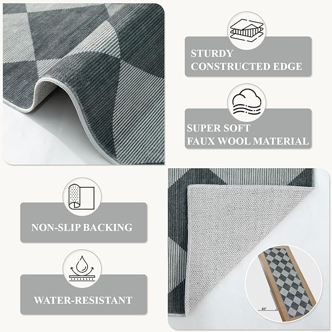 Beeiva Checkered Print Hallway Rug 2x6, Ultra Thin Kitchen Rug Runner Non Slip Washable Carpet Runners for Hallway 6ft, Modern Diamond Stain Resistant Floor Carpet for Bathroom Bedroom Entryway