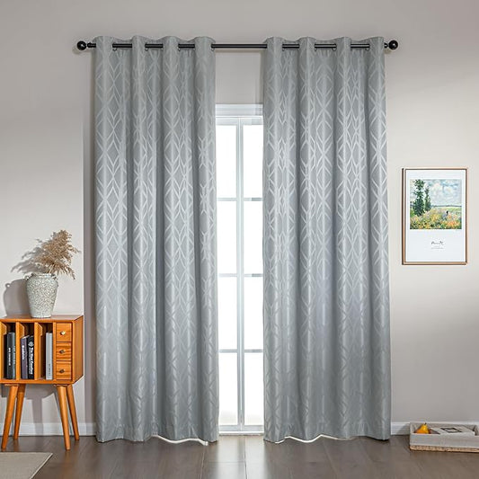 Amazon Basics Jacquard 2-Piece 100% Blackout Curtains, Living Room and Bedroom Drapes, Thermal Insulated Window Treatment, 42"x95", Light Grey