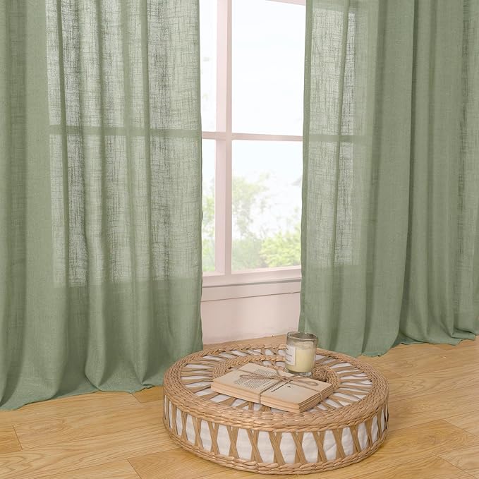 LAMIT Semi Sheer Linen Curtains 45 Inches Long 2 Panels, Sage Green Light Filtering Panels Back Tab and Rod Pocket Neutral Drapes for Kitchen/Window/Bedroom, 52 x 45 Inch