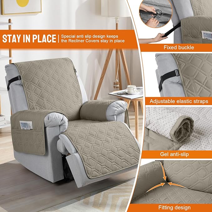 VANSOFY 100% Waterproof Recliner Chair Covers, Recliner Cover Non-Slip Dog Chair Cover Furniture Protector Washable Slipcover with Pocket, Elastic Straps for Pets, Dogs(Khaki, 20")