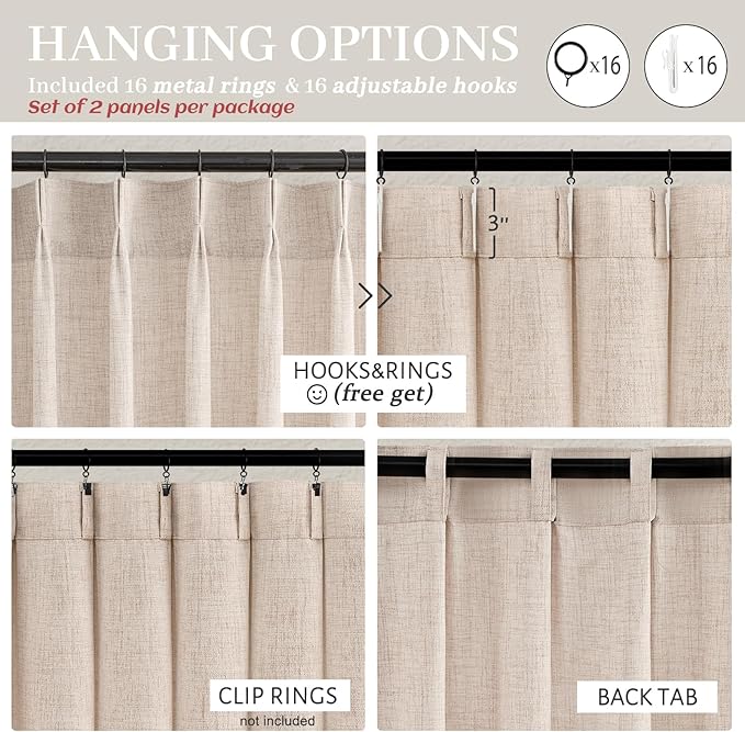 PleatedDrapes Modern Farmhouse Style Light Filtering Curtains for Living Room/bedroom, Country Rustic Oatmeal Beige Brown Curtains 108 Inches Long Flax Linen Pinch Pleated Sheer Canvas Muslin 2 Panels