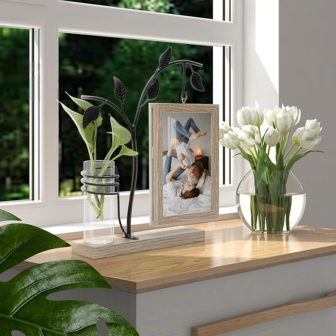Sapowerntus 4x6 Picture Frames, Rustic Family Desk Photo Frame, Flowers Plants Floating Double-Sided Glass Vase Office Tabletop Standing Decor, Mother Wedding Cute Dog Unique Gift