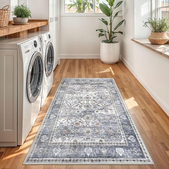 KUTA Vintage Floral 3x5 Rug, Washable Non-Slip Entryway Rug & Kitchen Carpet, Ultra Thin Soft Low-Pile Oriental Throw in Grey Blue, Distressed Print for Living Room Dorm, Entry Décor