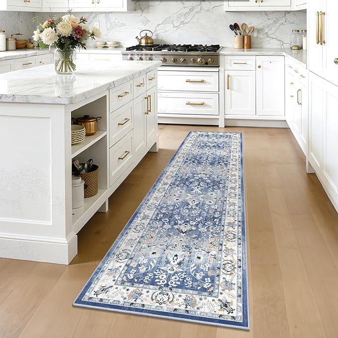 LOKHOM Washable Runner Rug, 2x8 Non-Slip Vintage Hallway Runner Rug with Rubber Backing, Boho Floral Soft Faux Wool Kitchen Rug Carpet Runner for Laundry Entryway Bedroom (Sky Blue)