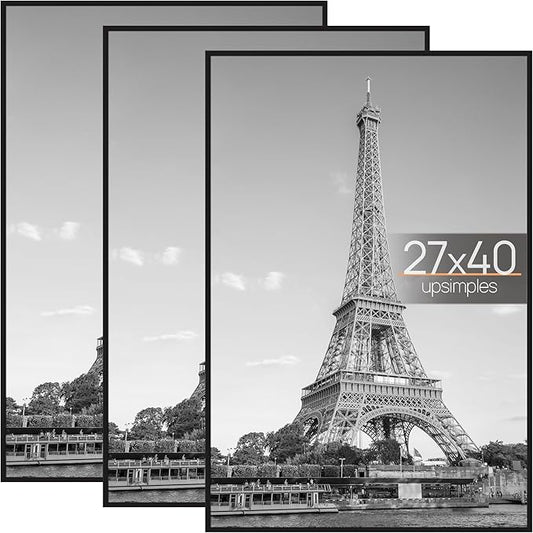 upsimples 27x40 in Poster Frame Black 3 Pack, Scratch-Proof Picture Frames 27 x 40 for Photo Gallery - Slide-In Strips, Horizontal or Vertical Wall Mounting