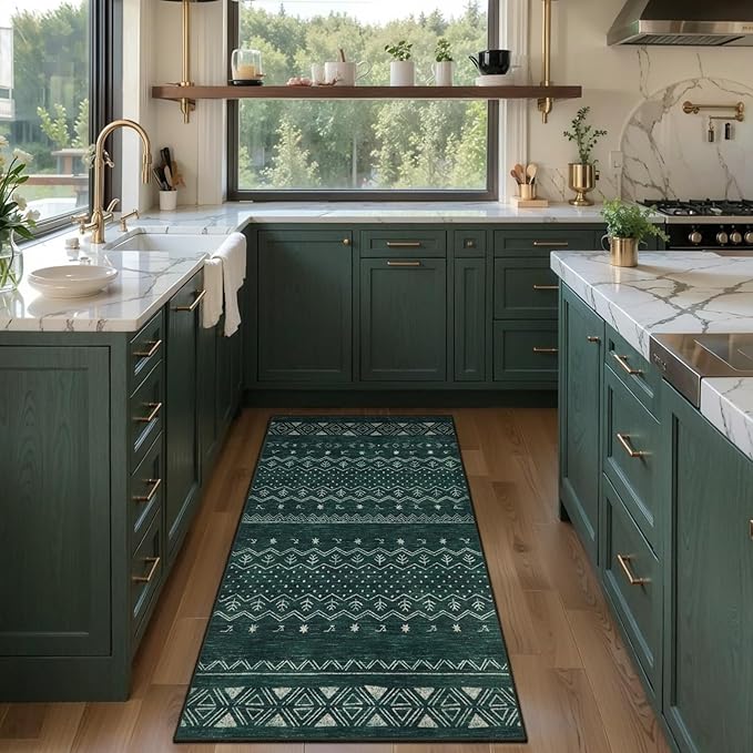 SERISSA 2x4 Rugs for Entryway, Washable Non-Slip Kitchen Runner Rug Small Dark Green Rug, Soft Low-Pile Boho Geometric Door Mat Indoor Entrance Front Door Carpet for Bedroom Bathroom