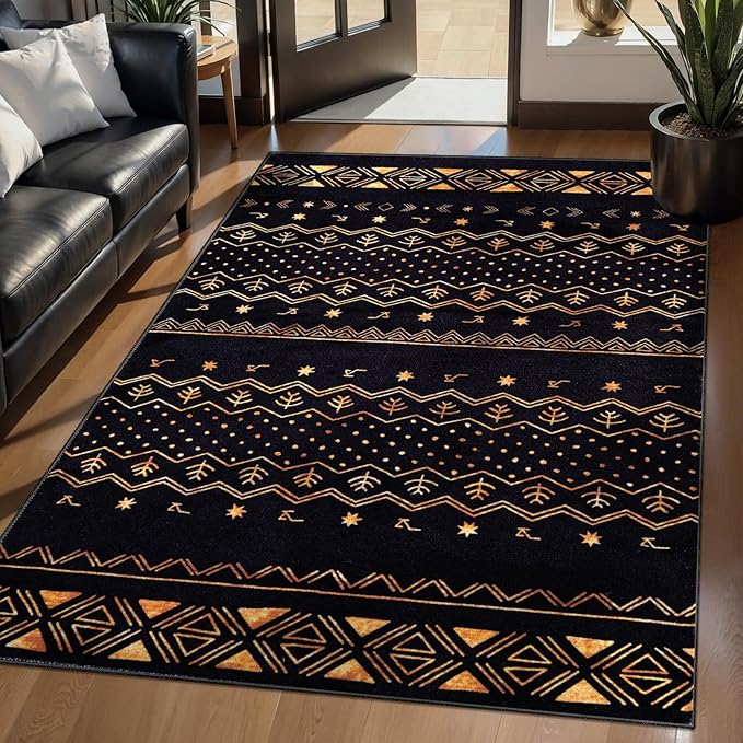 SERISSA 3x5 Area Rugs for Living Room, Washable Non-Slip Black and Gold Small Boho Rug, Soft Low-Pile Geometric Indoor Throw Carpet for Bedroom Kitchen Dining Room Office