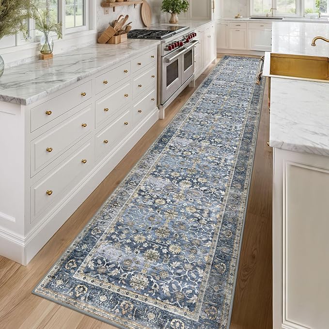 KUTA Vintage Washable Long Hallway Runner Rug, 2.6x16 Blue Grey Beige Non-Slip Kitchen Rugs Ultra Thin Soft Printed Distressed Oriental Floral Floor Carpet for Laundry Bedroom Living Room Nursery