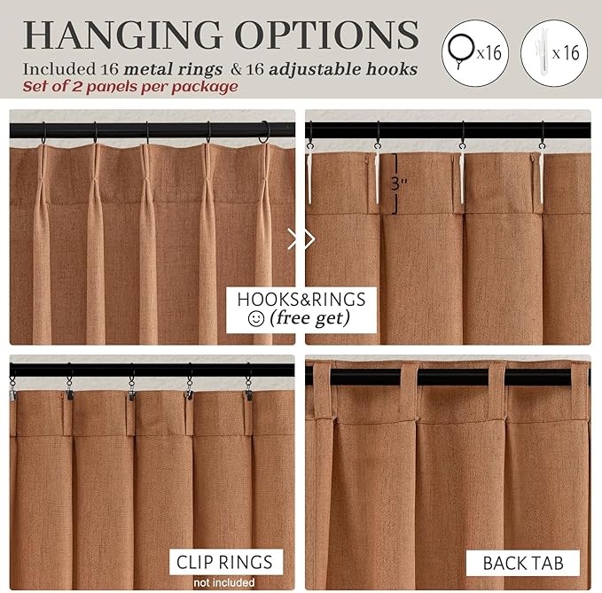 PleatedDrapes Burnt Orange Fall Sheer Curtains for Living Room/Bedroom 84 Inch Length 2 Panels Set, Light Filtering Privacy Linen Heavy Drapes Terracotta Rust Pinch Pleated Funky Halloween Curtain