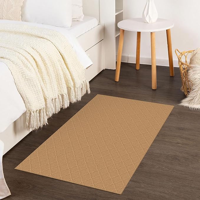 KOZYFLY Washable Area Rug 2x3 Ft Small Entryway Rug Throw Rugs with Rubber Backing Indoor Door Mat, Braided Cotton Floor Carpet for Front Entrance Bathroom Kitchen Foyer, Warm Tan