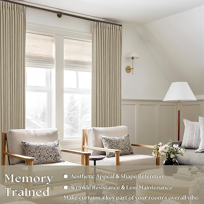 Farmhouse Pleated Linen Khaki Curtains 102 Inches Long 2 Panels Set for Living Room Bedroom Rustic Boho Cotton Linen Oatmeal Back Tab Memory Shape Pinch Pleat Ceiling Floor 102 Inch Window Curtain