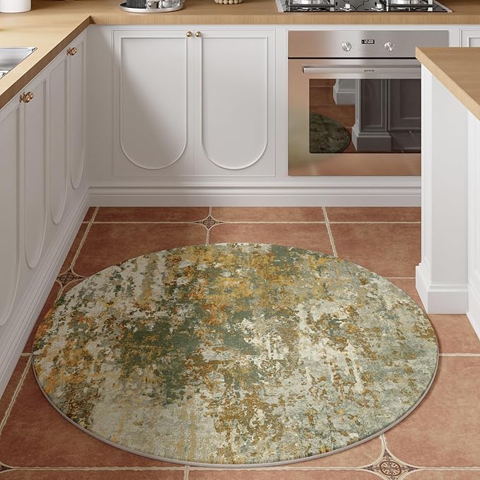 Green Round Area Rugs 4ft Washable Circle Rug for Entryway Kitchen, Non Slip Soft Low Pile Stain Resistant, Boho Circular Carpet for Living Room Bedroom Dorm Dining Room Table, Abstract Sage Green