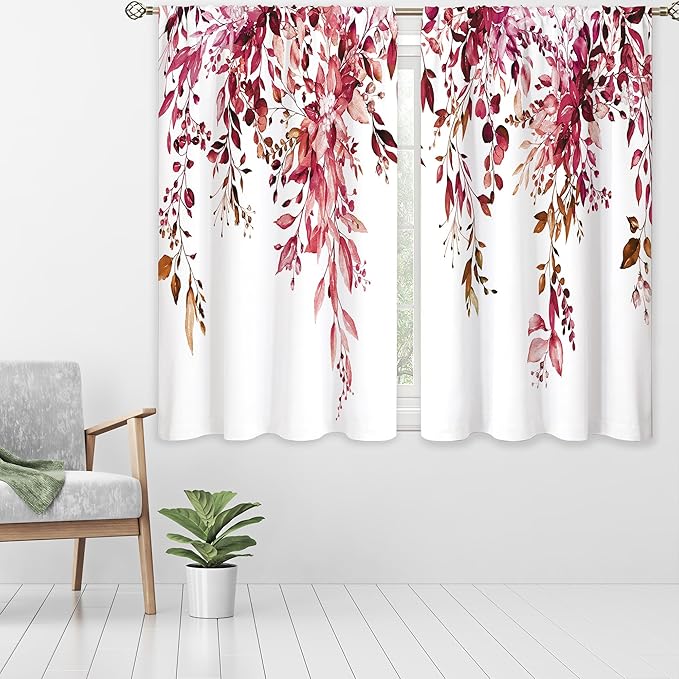 Burgundy Eucalyptus Small Kitchen Curtains Watercolor Red Leaves Window Treatment Flower Floral Plant Botanical Cafe Short Curtains for Bathroom Dining Fall Tier Treatment Drapes 27.5x39 inch