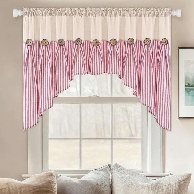 ASPMIZ Farmhouse Cotton Linen Swag Valances for Windows, Boho Rustic Kitchen Curtains Valances with Buttons, Red Striped Window Treatments Curtain Valance for Bathroom Cafe, 61 x 36 Inch, 1 Panel