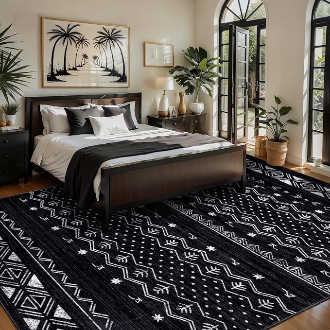 SERISSA 5x7 Area Rugs for Living Room, Washable Non-Slip Black and White Boho Rug, Soft Low-Pile Geometric Indoor Large Carpet for Dining Room Bedroom Home Office Playroom