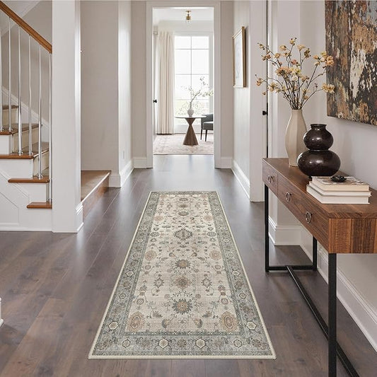 GENIMO Runner Rug for Hallways Machine Washable, 3x7 Non Slip Boho Vintage Lightweight Washable Runners, Thin Floor Rugs for Entryway Hallway Bathroom Laundry Room Corridor, Light Taupe Green