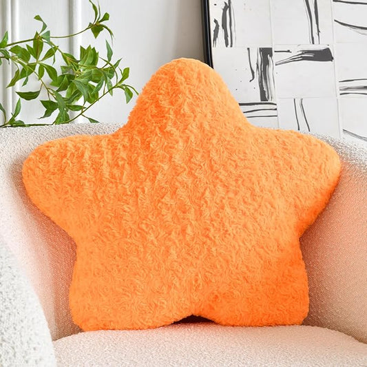 Star Pillow, 14.9" Star Shaped Plush Pillow for Couch Bed Sofa, Cute Decorative Throw Pillows with Soft Faux Fur Room Decor for Bedroom Living Room (Orange)