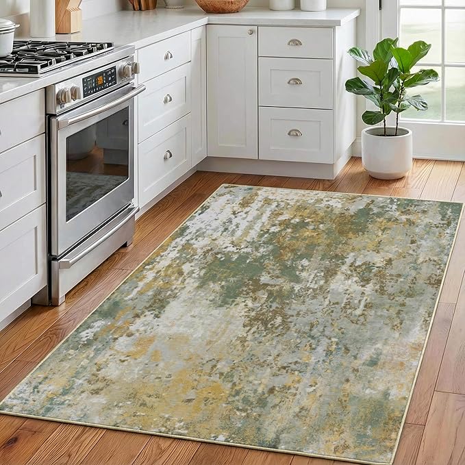 Entryway Rug 3x5 Green Door Mat Indoor Entrance 36x60, Washable Small Throw Rugs for Kitchen Floor, Entry, Front Door, Bedroom Bedside, Non-Slip Low Pile Stain & Fade Resistant, Sage Green