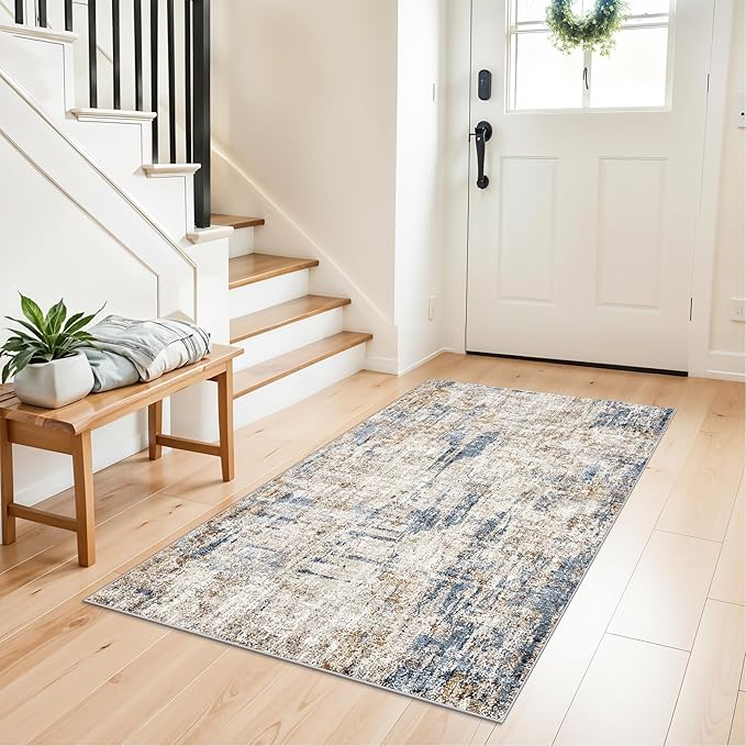 3x4 Rug Washable for Entryway - Non-Slip Modern Small Indoor Area Rug for Bathroom,Living Room，Bedroom - Abstract Neutral Soft Low-Pile Throw Mat with Rubber Backing (Blue Brown)