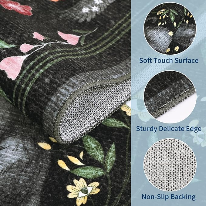 GarveeHome 5x7 Cat Area Rug Black Washable Rugs for Living Room Bedroom, Soft Mushroom Floral Low Pile Non Slip Floor Mat Animal Print Throw Rug Indoor Carpet for Dorm Playroom Gothic Decor