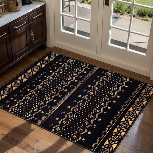 SERISSA 2x3 Rugs for Entryway, Washable Non-Slip Black and Gold Small Area Rug, Soft Low-Pile Boho Geometric Indoor Entry Rug Door Mat Indoor Entrance Front Door Carpet for Bathroom Kitchen Bedroom