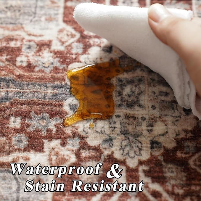 RUUGME 10x12 Washable Area Rug - Stain Resistant Carpet Soft Area Rugs for Living Room Vintage Lightweight Rugs for Bedroom with Non Slip Backing Indoor Ultra-Thin Rugs Home Decor 10x12 Brick