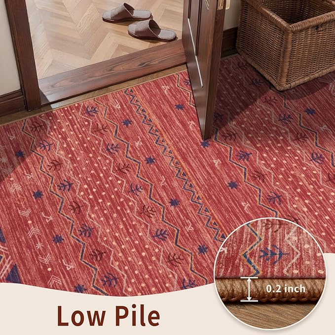 SERISSA 2x5 Kitchen Runner Rug, Washable Non-Slip Red Ochre Boho Rug, Soft Low-Pile Geometric Indoor Carpet for Hallway Laundry Room Bathroom Bedroom Entryway