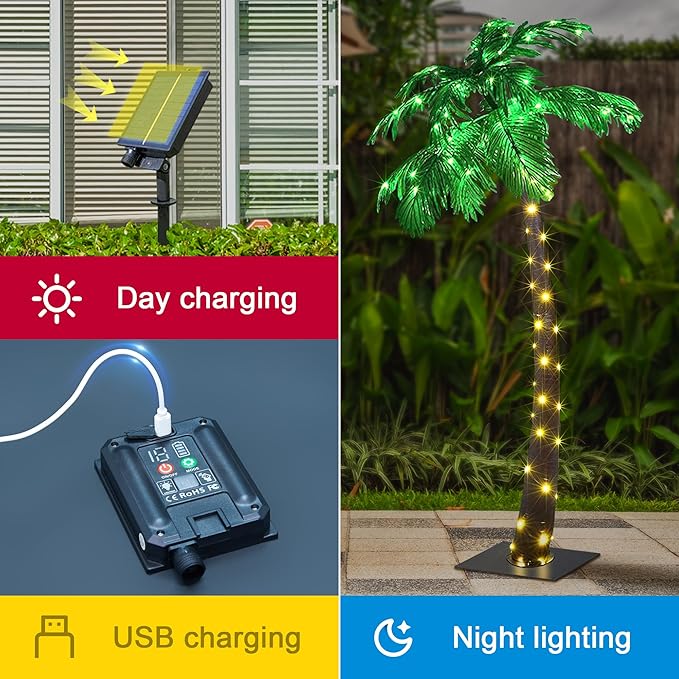 LIGHTSHARE Lighted 5FT Solar Palm Tree Artificial Palm Tree 96LED Lights for Office Decoration Outdoor and Indoors Tiki Bar Christmas Patio Pool