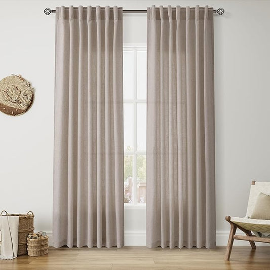 Ecru Linen Curtains 80 Inch Length for Living Room Light Filtering Semi Sheer Curtain Back Tab Rustic Farmhouse Decor Burlap Elegant Soft Luxury Boho Drapes for Bedroom Dinner Room 52x80, 2 Panels