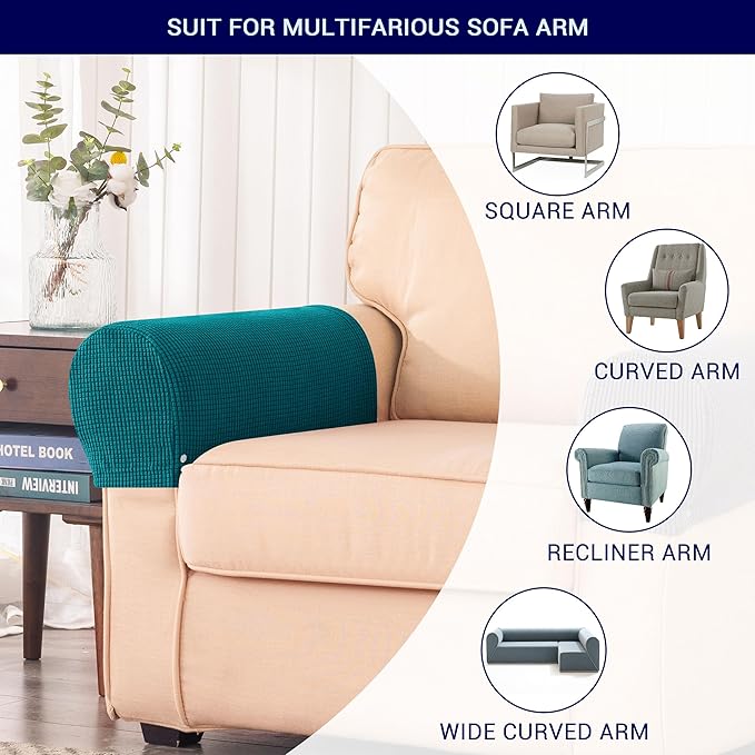 SUBRTEX Stretch Couch Arm Covers Set of 2, Checkered Sofa Arm Slipcovers, Anti-Slip Armrest Covers for Recliner and Armchairs, Pet Proof, High Stretchy, Hook & Loop Tape, Blue