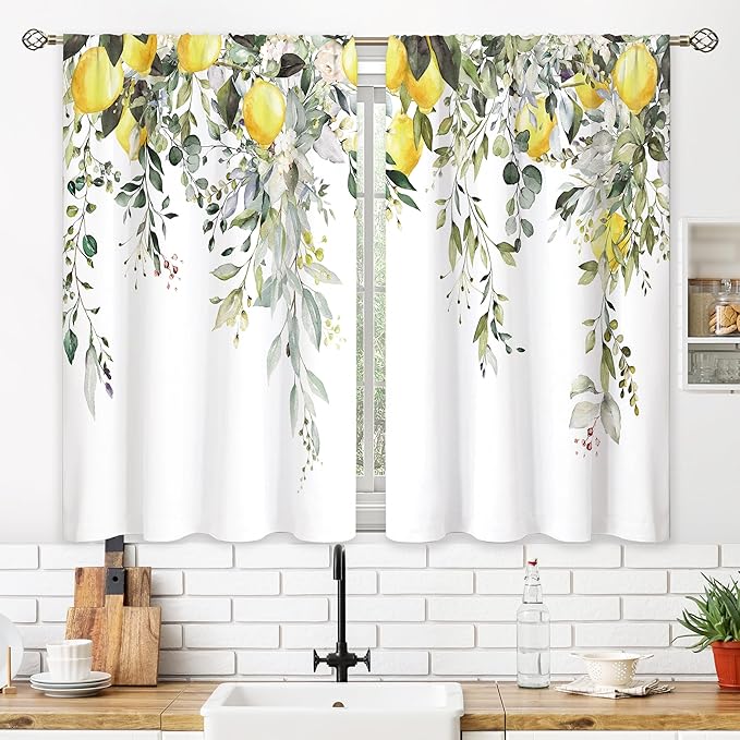 Eucalyptus Botanical Leaves Yellow Lemon Kitchen Window Curtains Herb Plant Floral Fruit Small Window Treatment Sage Green Cafe Short Curtains for Bathroom Treatment Tier Drapes 26x24 inch
