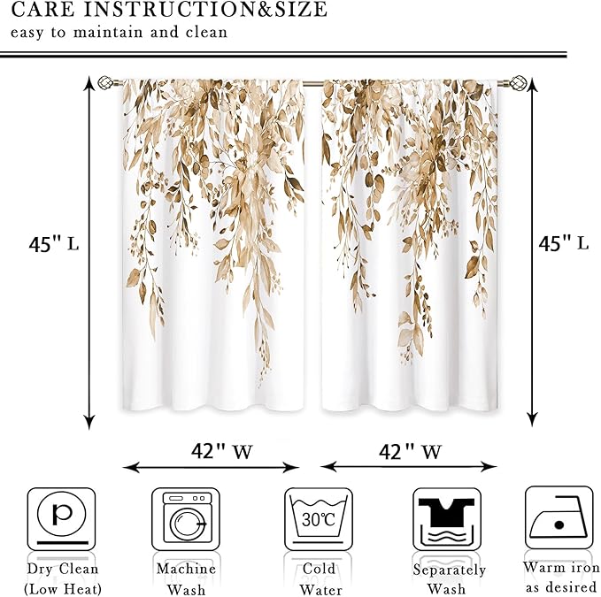 Tan Eucalyptus Botanical Leaves Floral Window Curtains Watercolor Yellow Flower Plant Wildflower Farmhouse Fall Curtain Drapes Herb Curtains for Bedroom Living Room Treatment 42Wx45H Inch