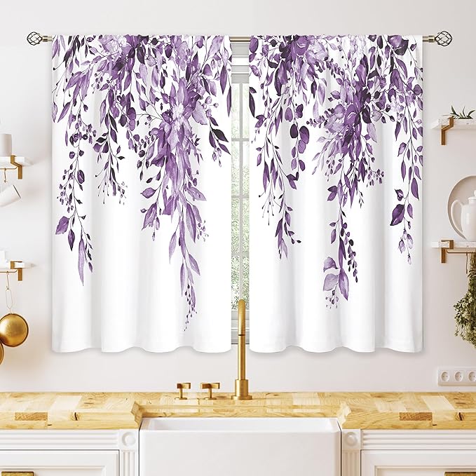 Eucalyptus Botanical Leaves Purple Floral Kitchen Window Curtains Over Sink Farmhouse Flower Leaf Small Window Treatment Cafe Short Curtains for Bathroom Treatment Tier Drapes 26x24 inch